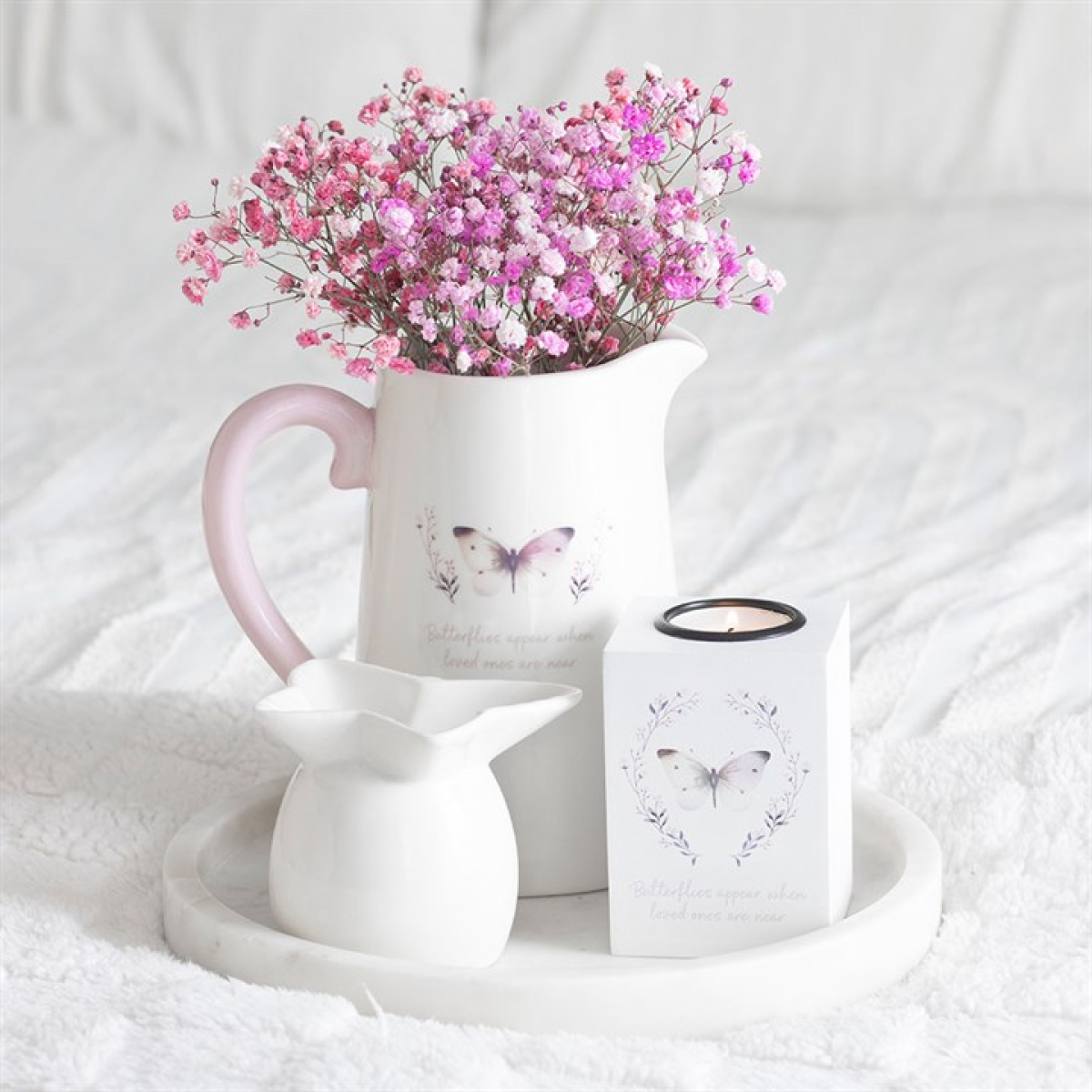White Butterfly Print Ceramic Flower Jug