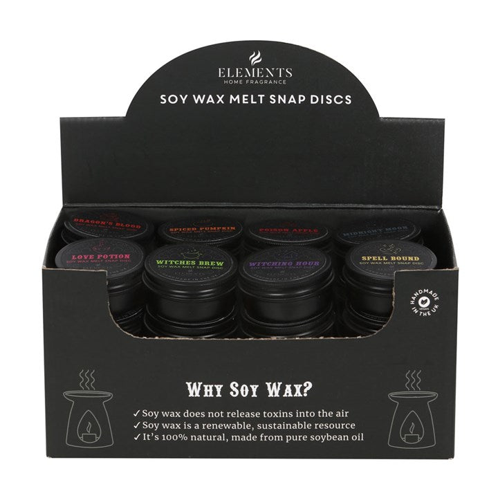 A black display box labelled ELEMENTS HOME FRAGRANCE SOY WAX MELT SNAP DISCS holds six jars with labelled lids. Enjoy long-lasting fragrance from these vegan soy wax melts—natural, renewable, and toxin-free.