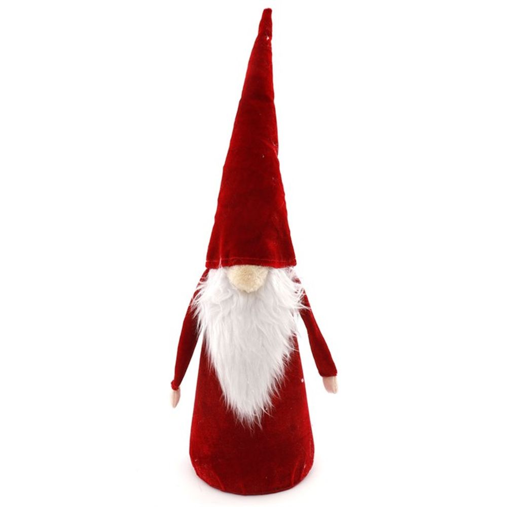 A plush standing gnome, also known as a Gonk, featuring a tall red hat, long white beard, and beige hands peeking from its red robe. This charming figure is perfect for adding festive cheer to any space.