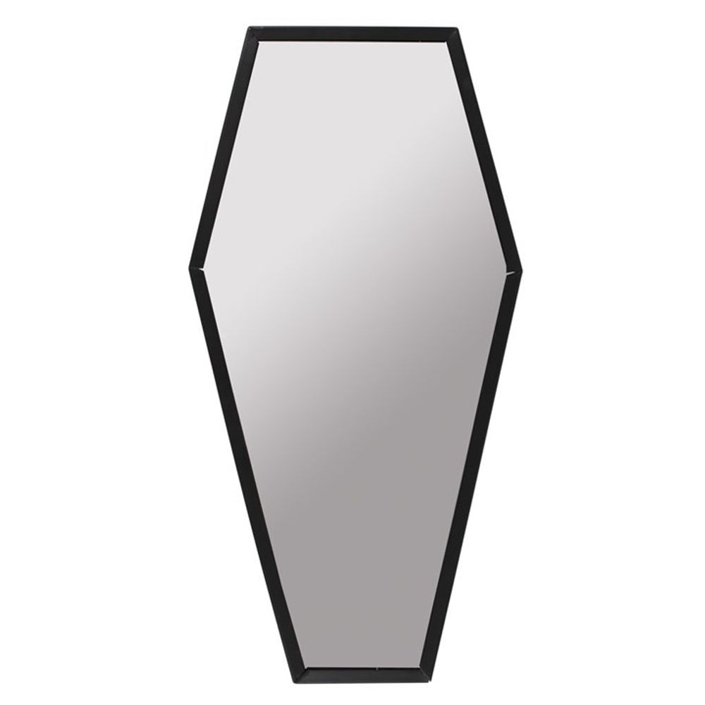 This crypt-inspired, coffin-shaped mirror boasts a sleek black frame. With its six edges and clear reflective surface, the design is both simple and contemporary, making it an intriguing piece of home décor.