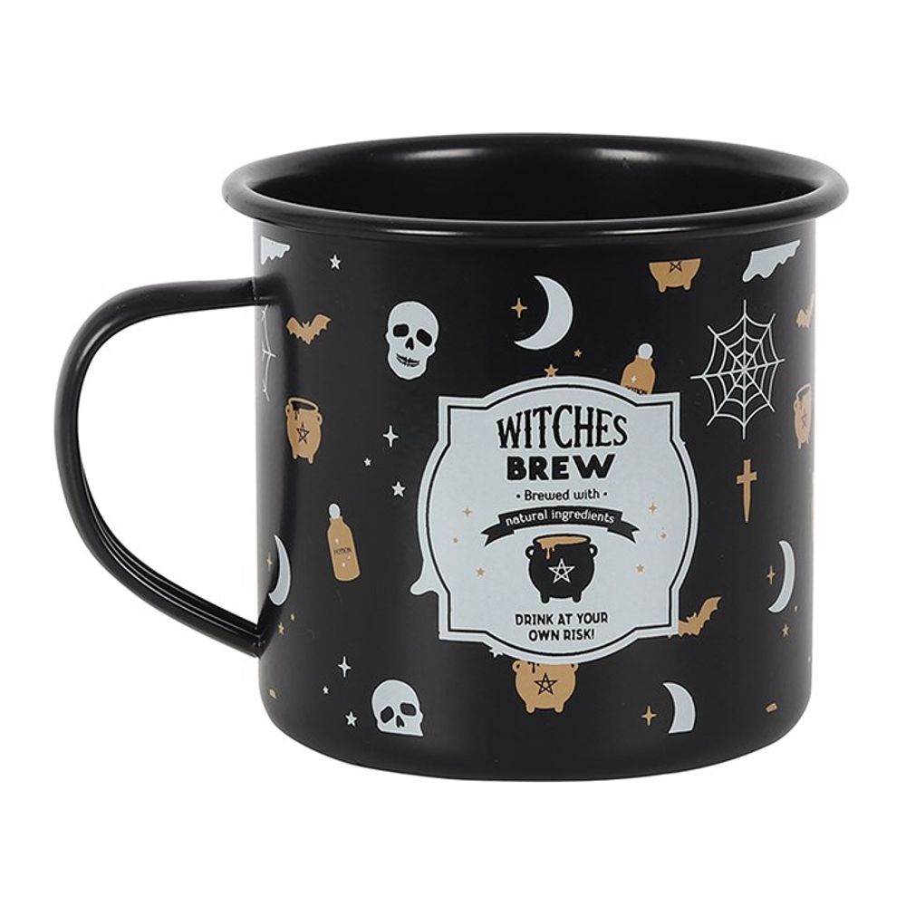 A black Halloween mug decorated with skulls, bats, moons, and cobwebs. The label reads: Witches’ Brew—perfect for sipping your pumpkin spice latte. Drink at your own risk!.