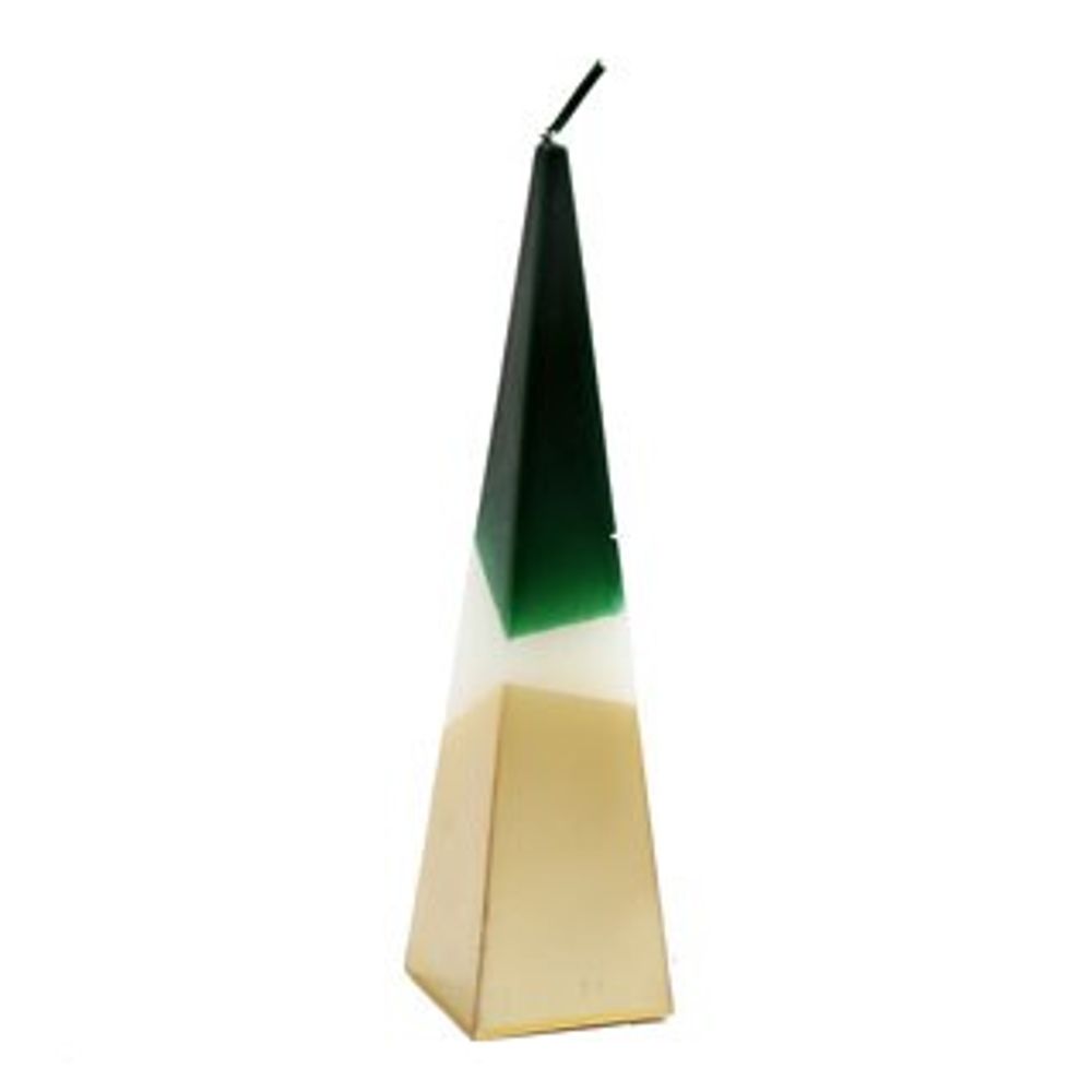 A tall, pyramid-shaped candle comprises three sections: a beige base, a white middle, and a dark green top tapering to one wick. The modern design resembles a geometric obelisk against a plain white background.