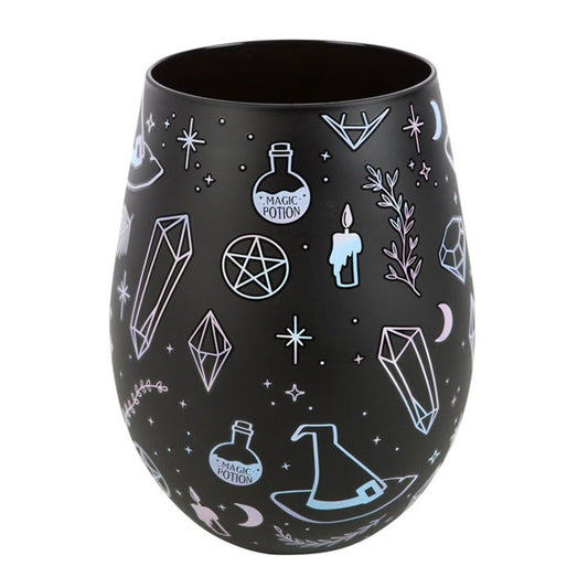 The black, cylindrical cup offers a spellbinding experience with its pastel mystical symbols, including magic potion bottles, a witchs hat, crystals, moons, stars, a candle, and a pentagram. Its whimsical design provides an enchanting theme as the items dance across the surface.
