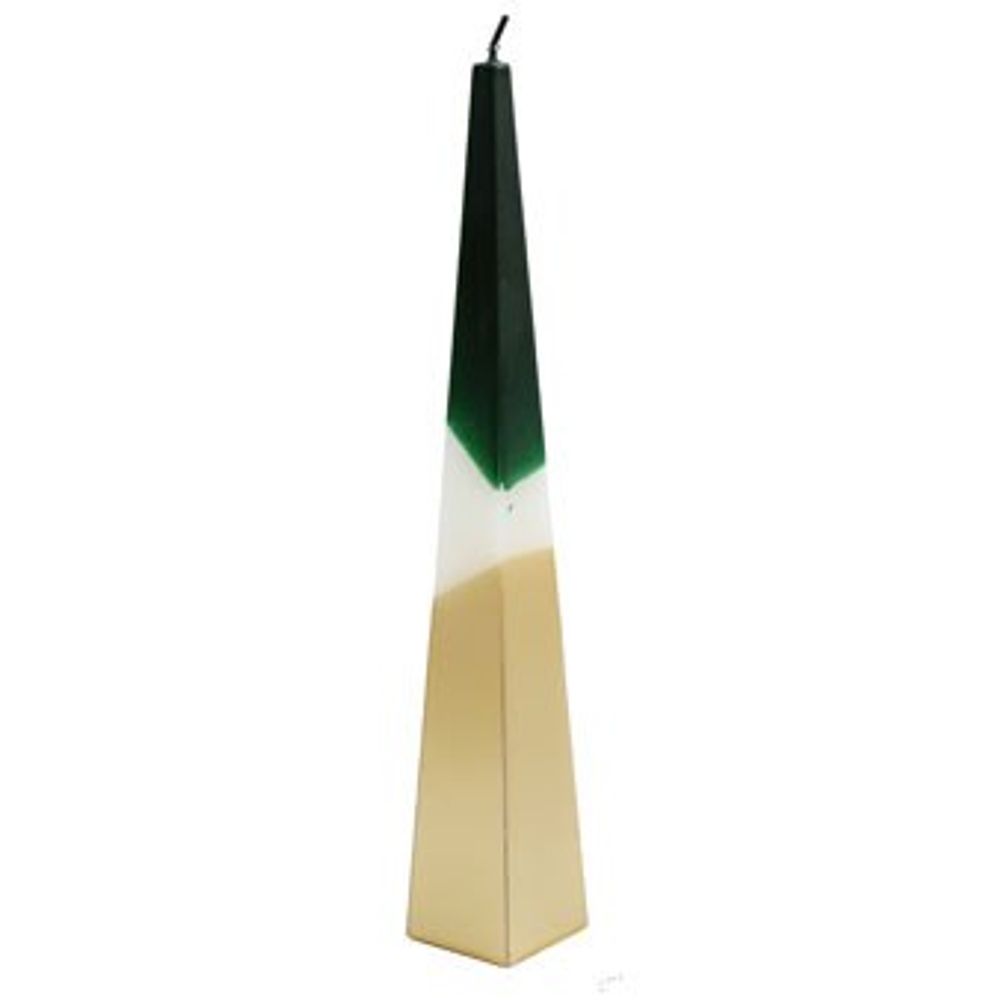 A tall, slender, pyramid-shaped candle with three colour sections: dark green at the pointed top, fading to white in the middle, and beige at the wide base. A wick extends from the tip for a modern design.