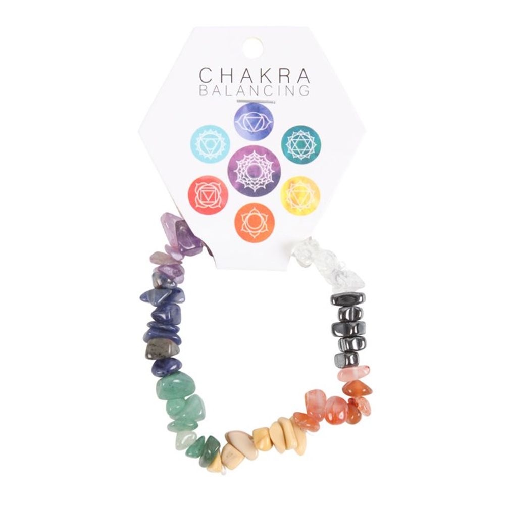 A multicoloured chakra bracelet crafted from semi-precious stones is attached to a hexagonal card. This card displays six chakra symbols, each representing the bodys energy centres. The gemstones form a gradient from red to violet, promoting healing and well-being through balanced chakras.