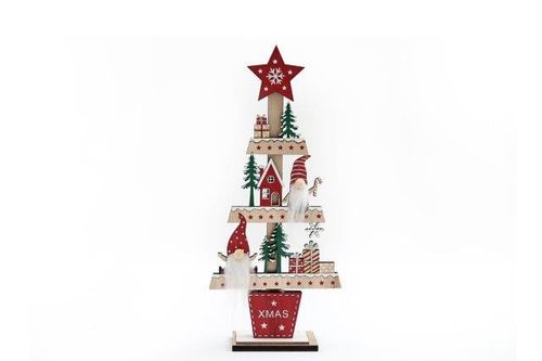 A decorative wooden Christmas tree with red and white accents, topped with a star, features small figurines, gonks, presents, and trees on its shelves. The base is red with ‘XMAS’ in white against a plain white background.