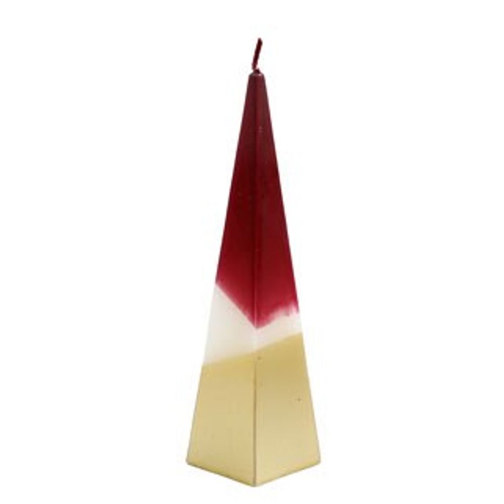 A tall, pyramid-shaped decorative candle with three colour sections—deep red at the pointed top, creamy white in the middle, and light tan at the base. A short red wick tops this 20cm candle, making it perfect as a table centrepiece accessory.