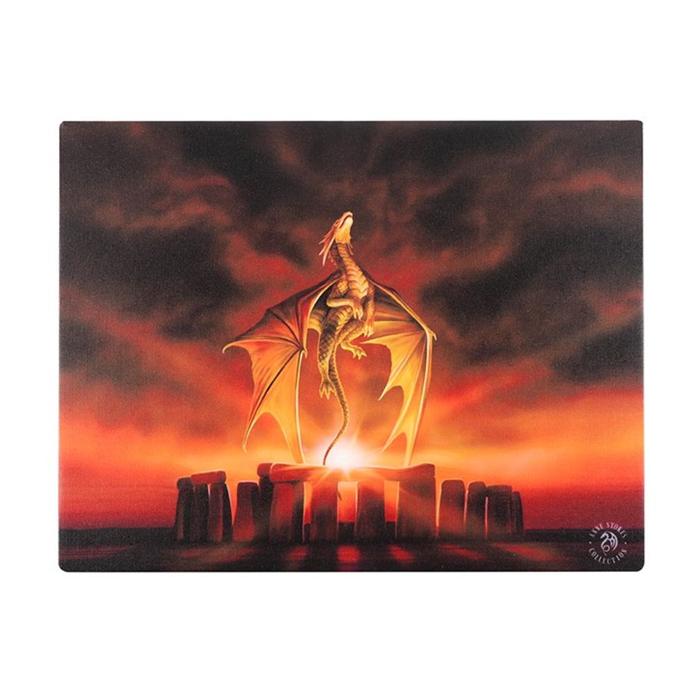 A Solstice dragon with outstretched wings stands atop Stonehenge, bathed in the glow of a fiery red sunset. This enchanting scene, reminiscent of Anne Stokes style, is perfect for a wall canvas that captures wonder and fantasy.