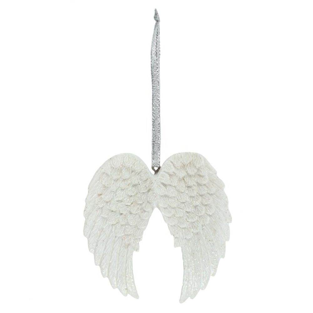 A pair of white angel wings with textured feather details, adorned with iridescent glitter, hang from a silver ribbon. The symmetrical wings appear lightweight and decorative, set against a plain white background.