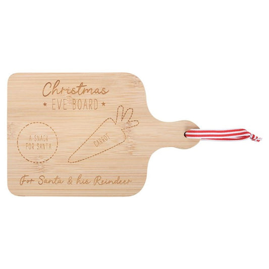A bamboo serving board engraved with “Christmas Eve Board”, featuring outlined spots for reindeer treats and “A snack for Father Christmas,” plus a festive red and white ribbon looped through the handle. Perfect for Christmas Eve traditions!.