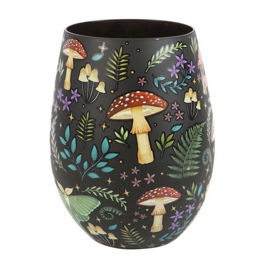 A black vase adorned with whimsical toadstools, colourful illustrations of mushrooms, ferns, and small flowers. The red-capped mushrooms with white spots and yellow stems mingle with green leaves, purple flowers, and a luna moth, creating a night forest design with a touch of magic.