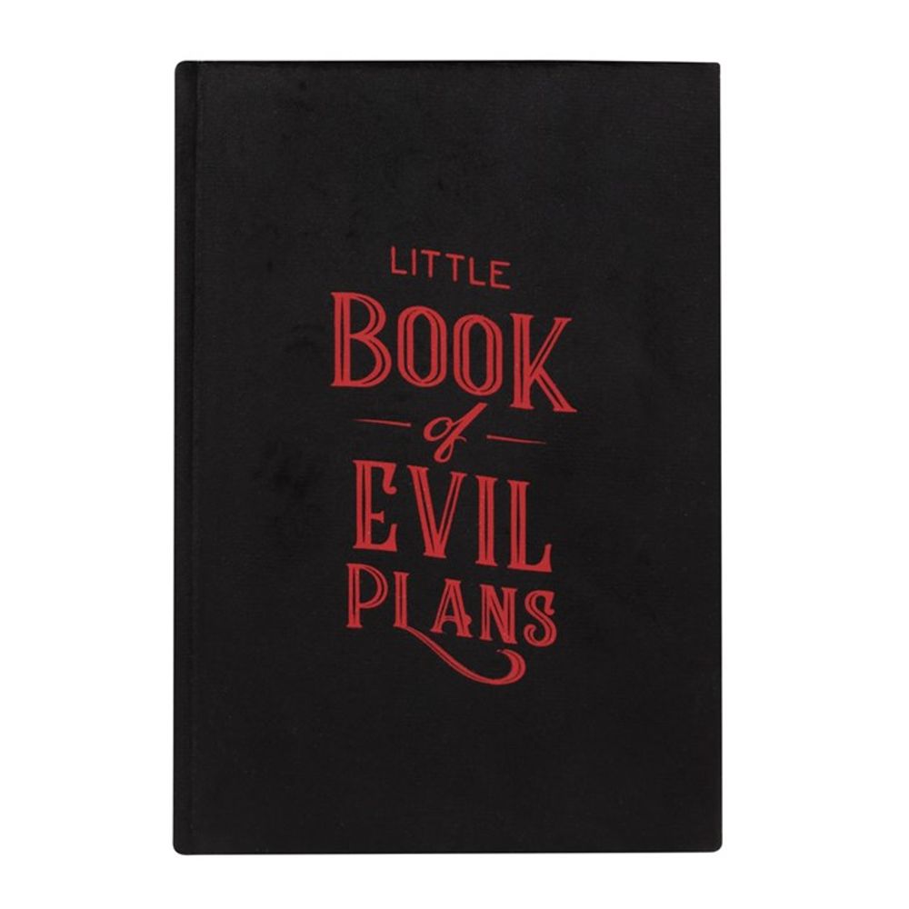 A gothic notebook with a black cover displays its title, Little Book of Evil Plans, in bold, decorative red letters centred on the front. The plain background emphasises the text, making this evil plans notebook an intriguing focal point.
