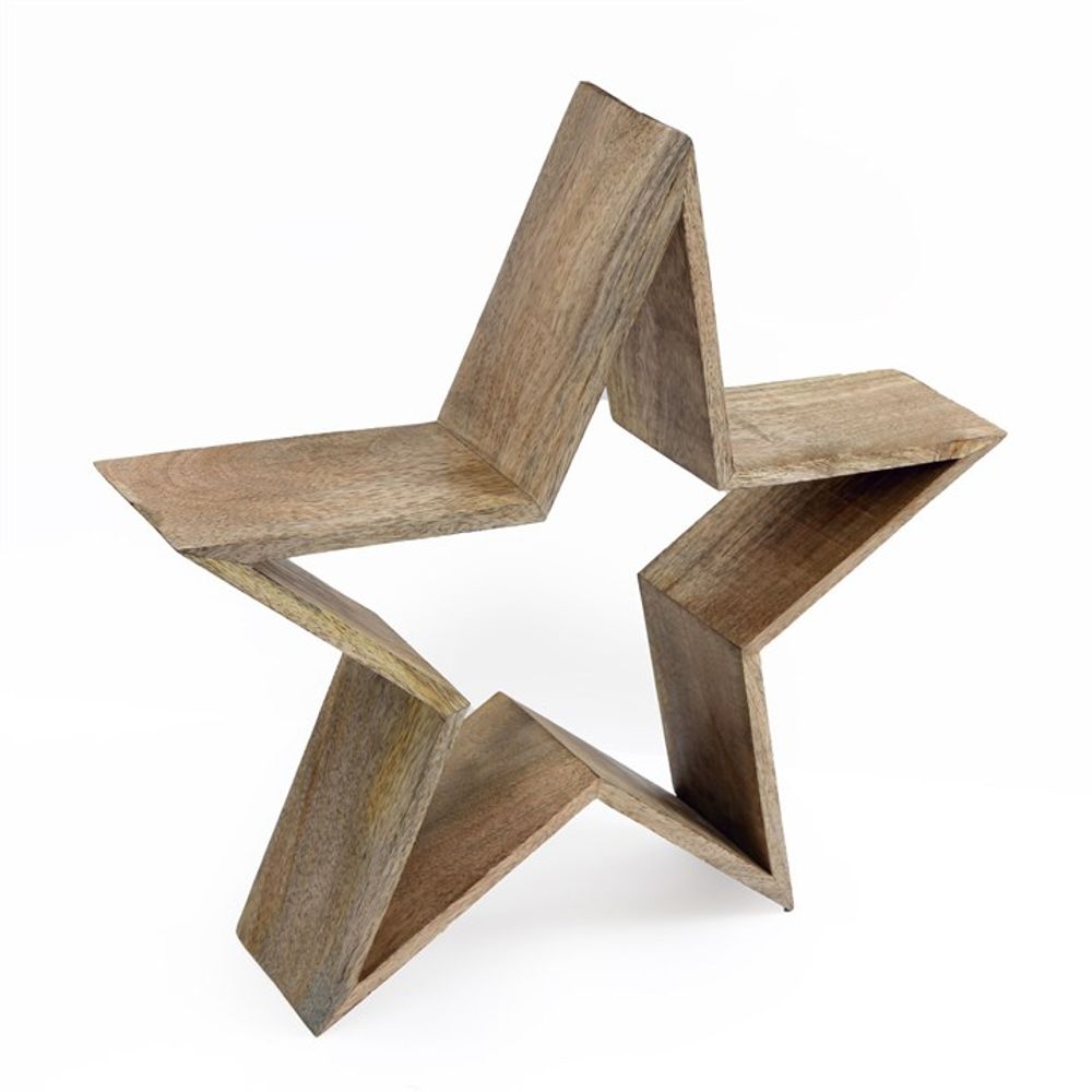 A hollow, five-pointed wooden star decoration stands upright on a white background. Its thick, flat edges and open centre showcase an angular, geometric design that adds a rustic touch to any space.