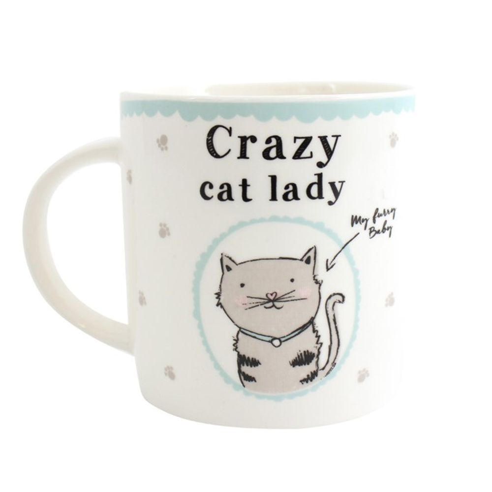 White mug with blue trim, featuring a cartoon cat illustration and black text that reads, Crazy cat lady. This fun gift includes the cat saying My furry baby in a speech bubble, with small paw prints decorating the background. Ideal as a boxed mug!.