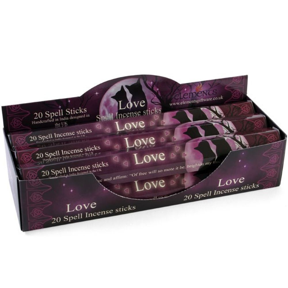 A display box contains several packs of Love spell incense sticks, crafted to attract love with their high-quality fragrance. The packaging features a purple background decorated with silhouettes of a cat and moon, along with pentagrams and crescent moons. Each pack is labelled 20 Spell Incense sticks.