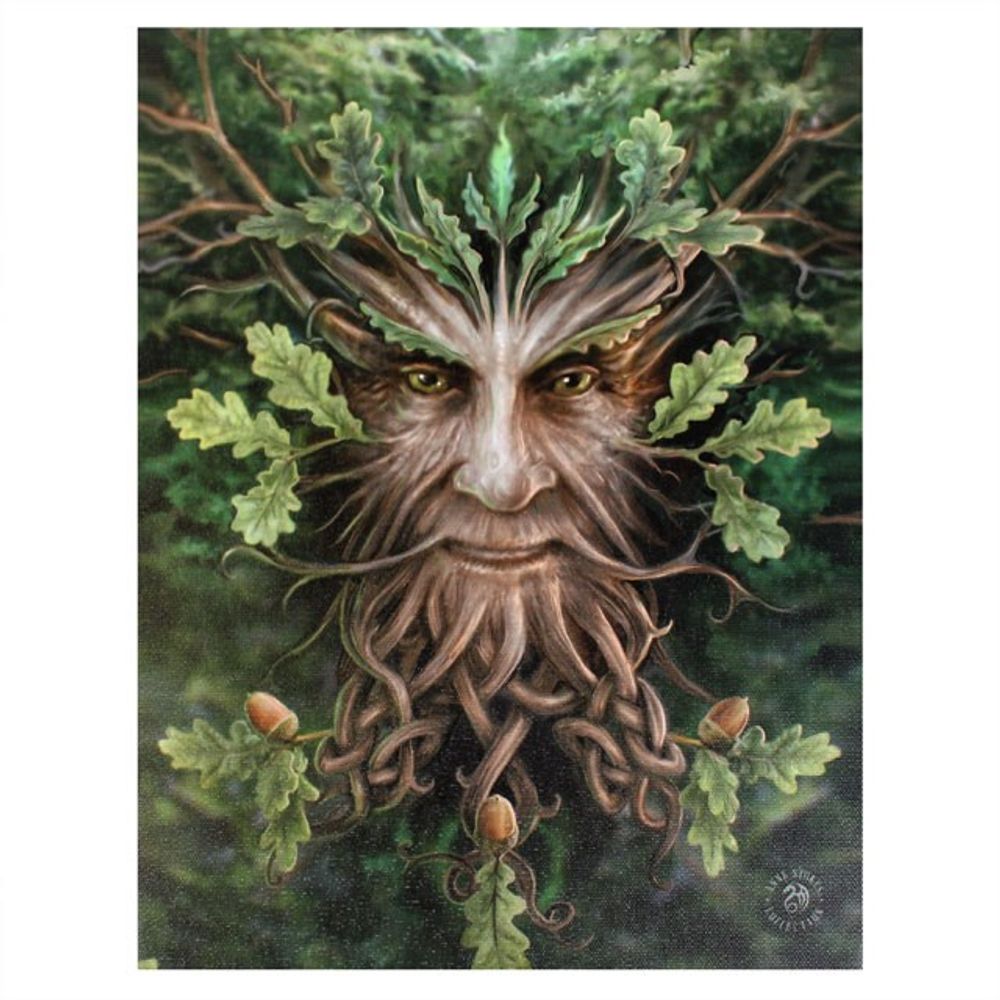 Illustration of the Oak King, with a face seamlessly integrated into a tree. Intricate branches form hair, and twisted roots shape his beard. Leaves encircle him, whilst acorns dangle, capturing the essence of nature through the lens of a fantasy artist.