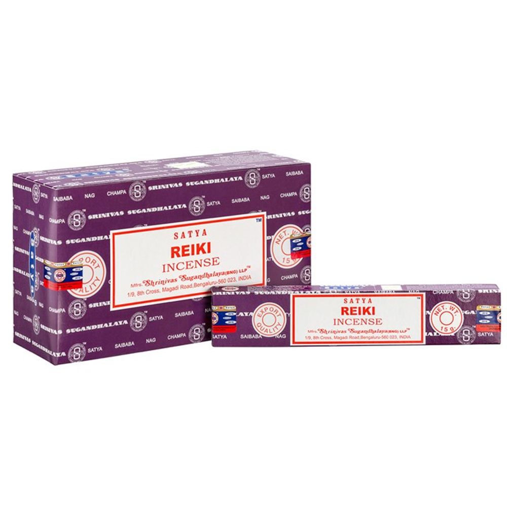 Image of two boxes of Satya Reiki Incense, handmade in India. The larger box is purple with white text and patterns, displaying the brand and product name. The smaller box mirrors the design, positioned in front, slightly to the right. Both feature circular logos and details about spiritual healing incense.