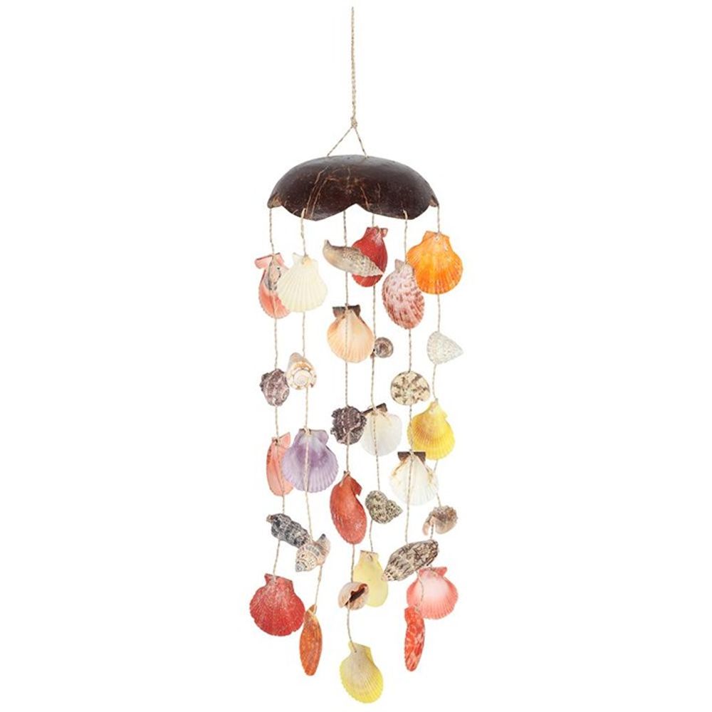 Shell mobile with colourful seashells hanging from strings attached to a brown, dome-shaped top. The vibrant shades of orange, pink, yellow, and purple transform your space into an island paradise with this beach-themed garden décor.