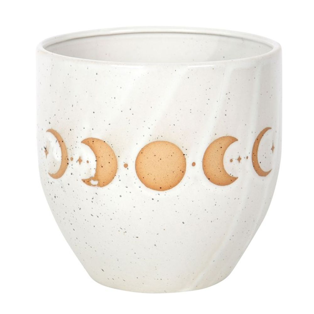 Ceramic mug featuring a speckled white glaze and a captivating moon phase design in earthy brown tones, perfect for blending with various home décor styles. The phases transition from crescent to full and back, encircling the mugs smooth, rounded surface in an artistic horizontal row.
