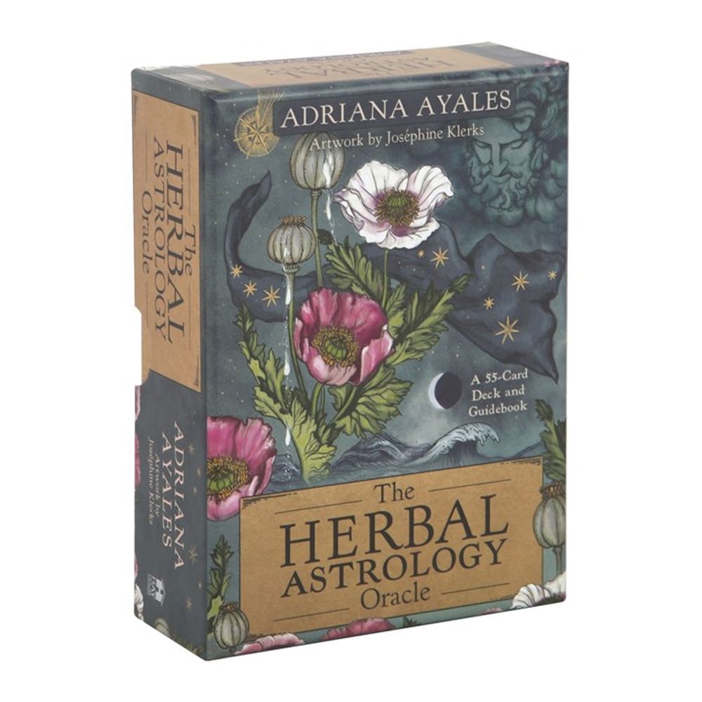 The image features the Herbal Astrology Oracle deck by Adriana Ayales, skilfully crafted by Josephine Klerks. The box depicts vibrant flowers, green leaves, and a waxing crescent moon on a dark blue backdrop, embodying the healing power of plants.