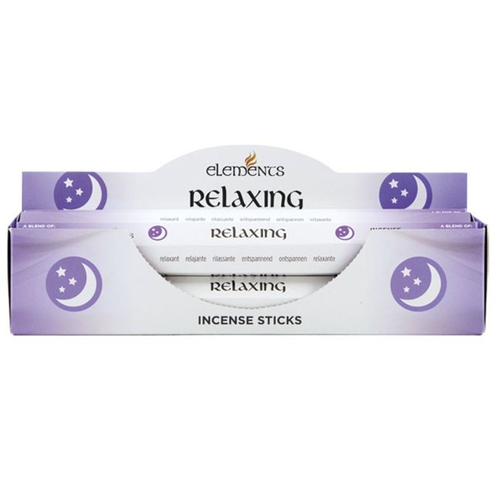 The Elements Relaxing incense sticks box, decorated in a soothing purple and white palette, features crescent moons and stars. With black text stating RELAXING INCENSE STICKS, this collection is infused with calming fragrances such as patchouli to enhance your relaxation ritual.