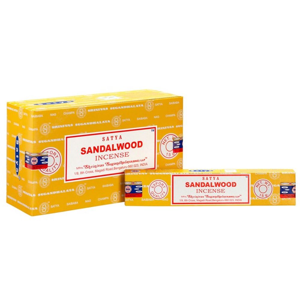 Two packets of Satya Sandalwood Incense are displayed, emphasising their vegan-friendly appeal. The larger box is on the left, predominantly yellow with a red and white label, while the smaller box in front matches it. Both feature circular logos and prominently display Sandalwood.