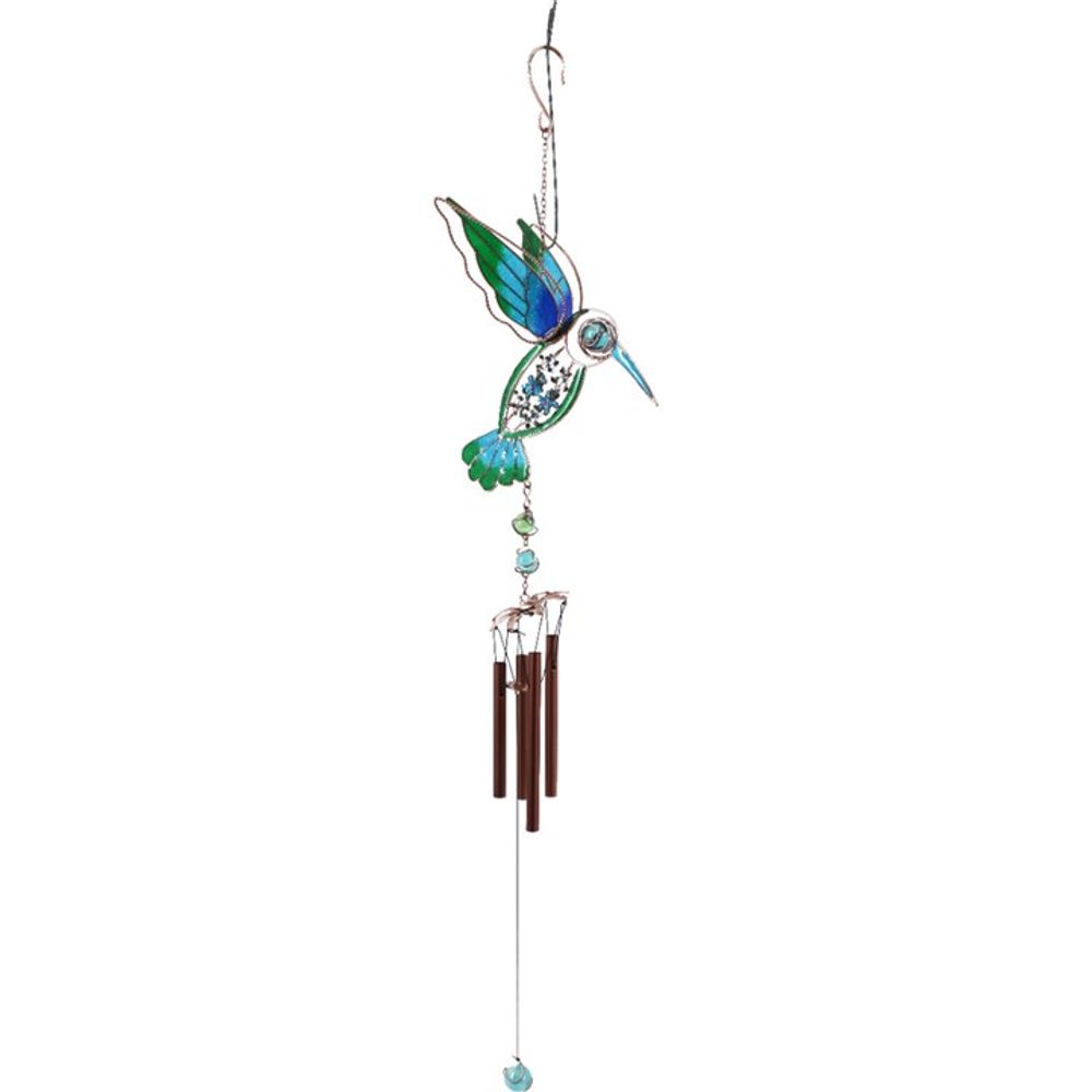 A decorative blue hummingbird wind chime featuring brightly coloured stained glass wings in shades of blue and green. Below, small metal chimes and beads dangle from a string. Perfect for both indoor and outdoor use, the design is delicately artistic.