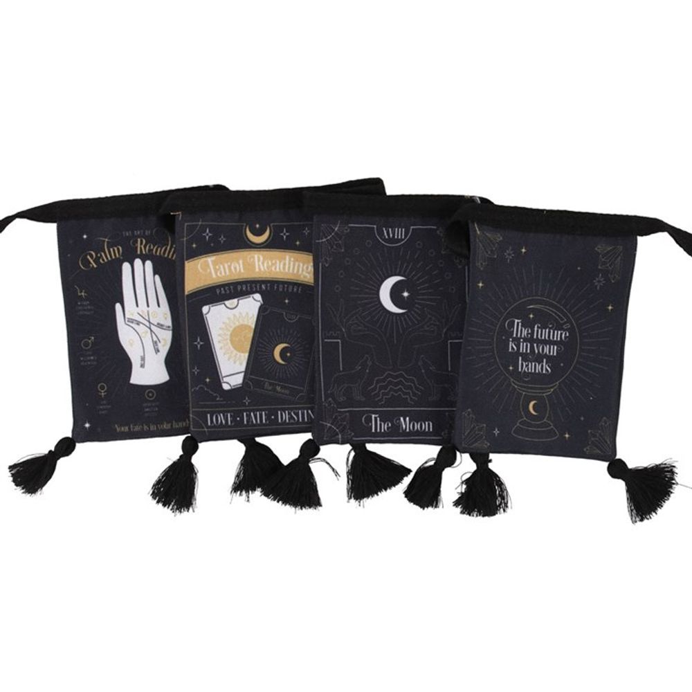 Four black drawstring Tarot bags with tassels, exuding a mystical ambience. Each features designs: a palm reading hand, a Tarot card with crescent moons, the Moons image, and The future is in your hands, all surrounded by stars and celestial elements.