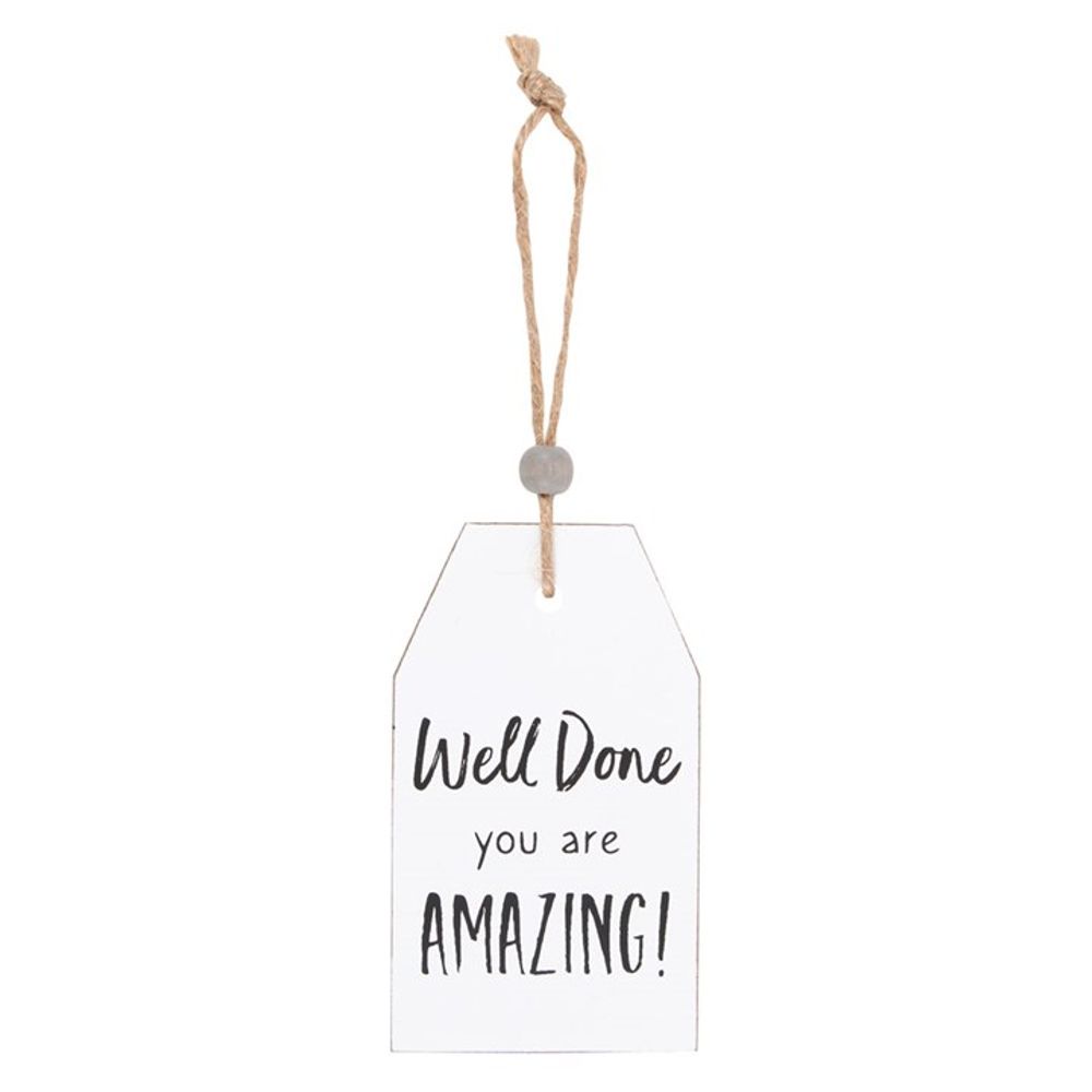 A gift tag with a string hanger and bead, featuring the text Well Done, you are AMAZING! in black, handwritten-style font on a plain white background.