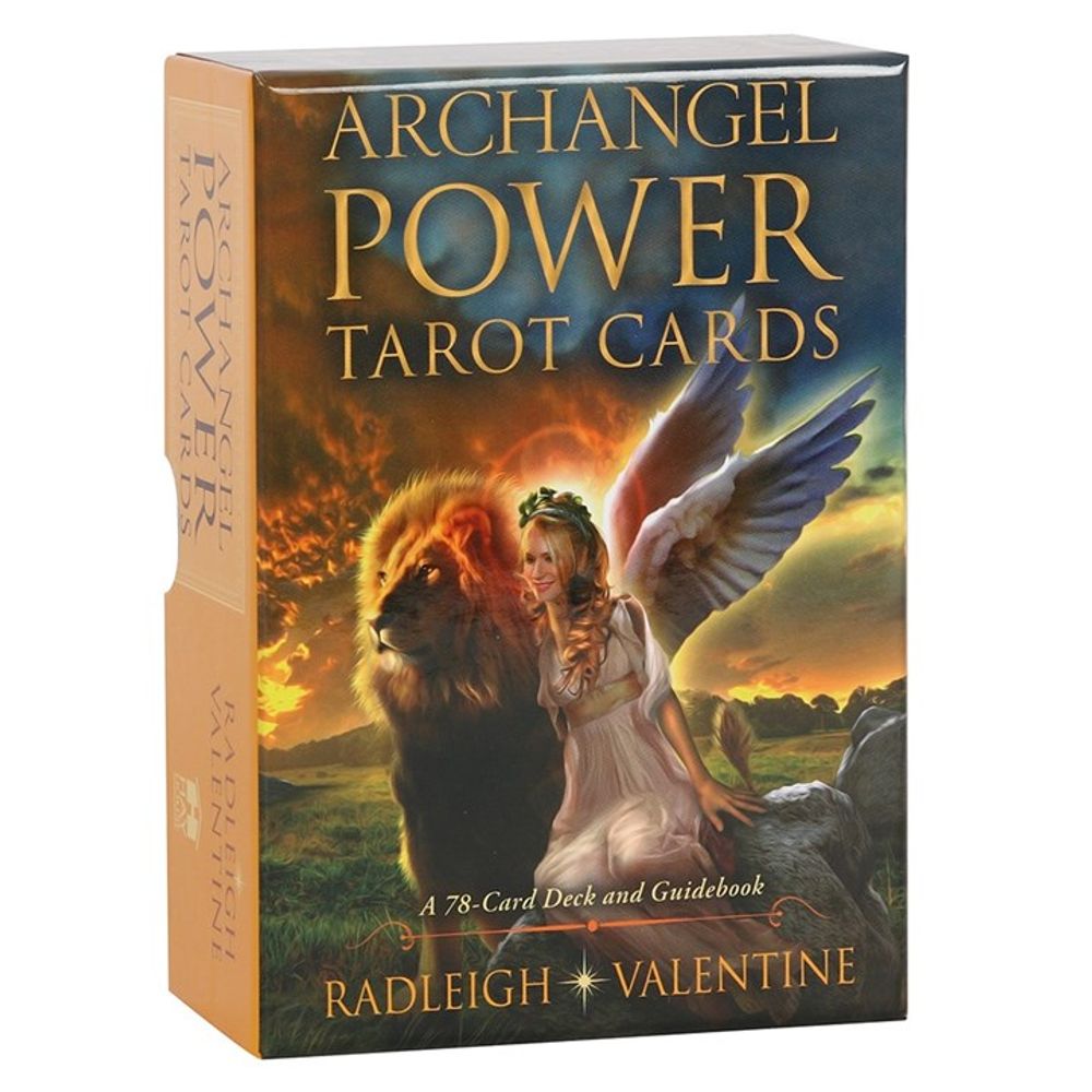 Box of Archangel Power Tarot Cards by Radleigh Valentine, offering inner empowerment. The cover features a woman with angel wings beside a lion beneath a vibrant sky. Includes a 78-card deck and guidebook, with the title on the side.