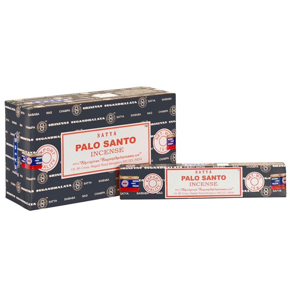 The packaging for Satya Palo Santo incense features a predominantly black background with white and red text. The larger box is positioned behind the smaller one, both displaying a circular logo and decorative elements characteristic of handmade in India, vegan-friendly incense.