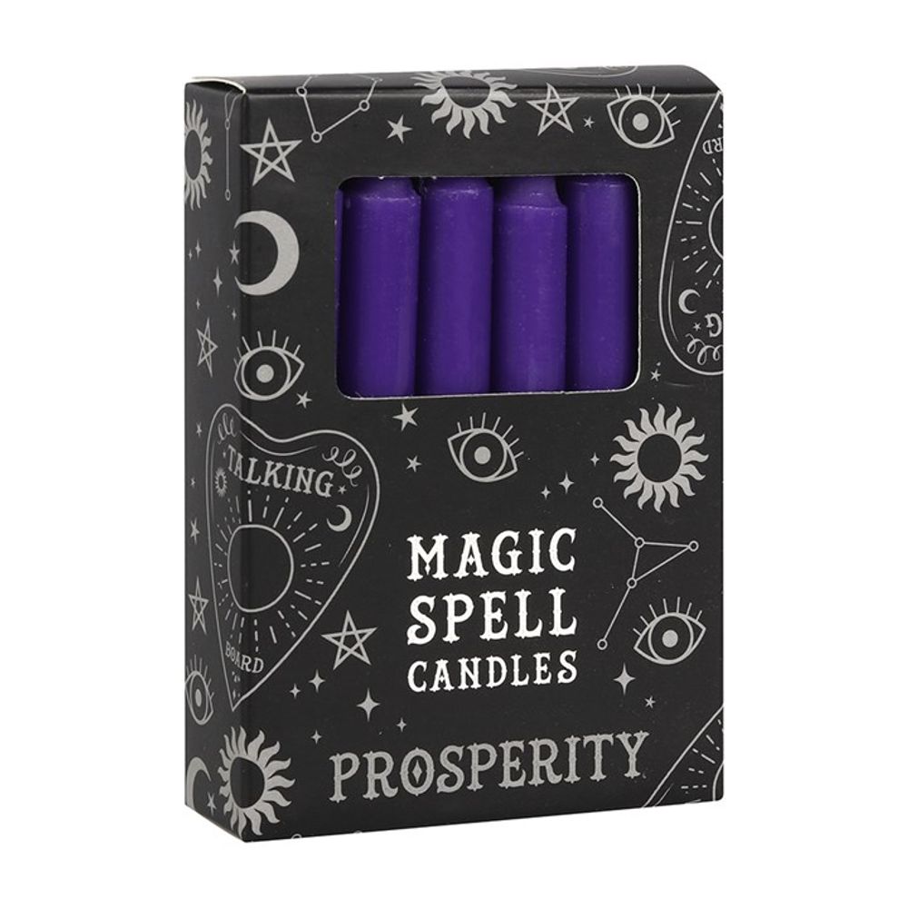 A black box labelled Magic Spell Candles Prosperity with mystical symbols and drawings, displaying five purple spell candles partially visible through a window—perfect for prosperity rituals and candle magic.