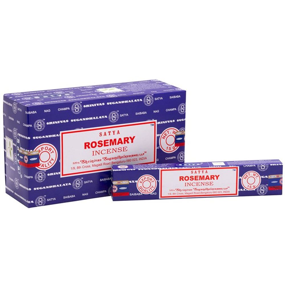 Boxes of Satya Rosemary incense, handmade in India, are displayed against a white background. The blue packaging with red and white labels highlights its herbal scent. One box is larger and the other smaller, each featuring decorative patterns and product details.