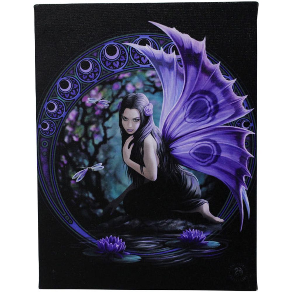 A mystical fairy with long dark hair kneels on a reflective surface surrounded by purple water lilies. With large purple wings and a circular ornate pattern behind her, two dragonflies hover nearby—captured beautifully in an Anne Stokes design canvas wall plaque.