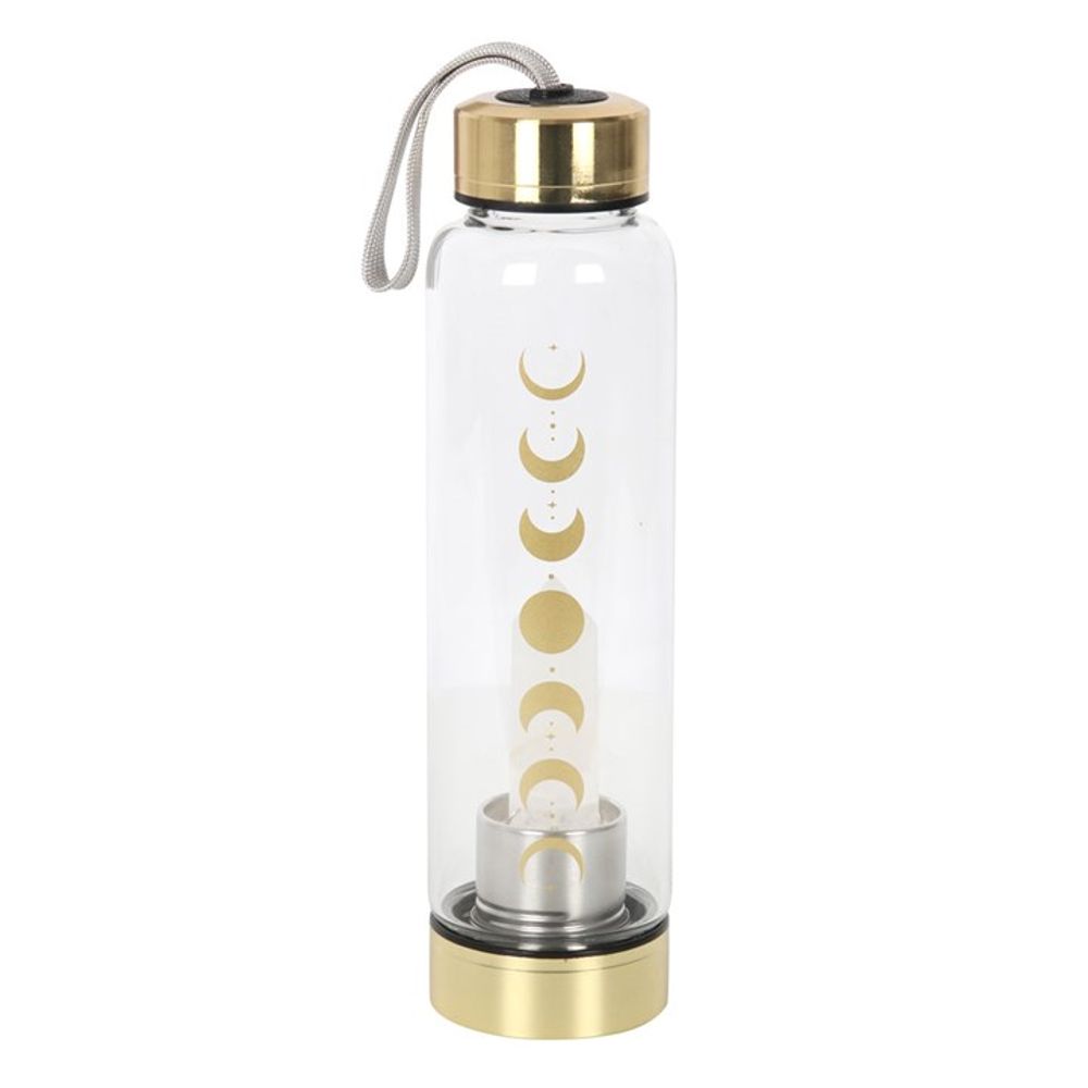 Stay hydrated in style with this clear glass water bottle, featuring gold lids and a grey wrist strap. Adorned with elegant gold moon phase symbols, it is perfect for those who appreciate celestial design.