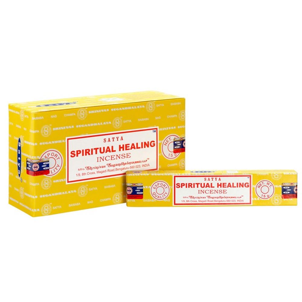 Yellow boxes of Satya Spiritual Healing Incense, featuring white labels with red text. Both boxes display the brand logo and decorative elements. The larger box is open, revealing incense sticks inside, handmade by artisans to harmonise energy. Origins are noted as Bengaluru, India.
