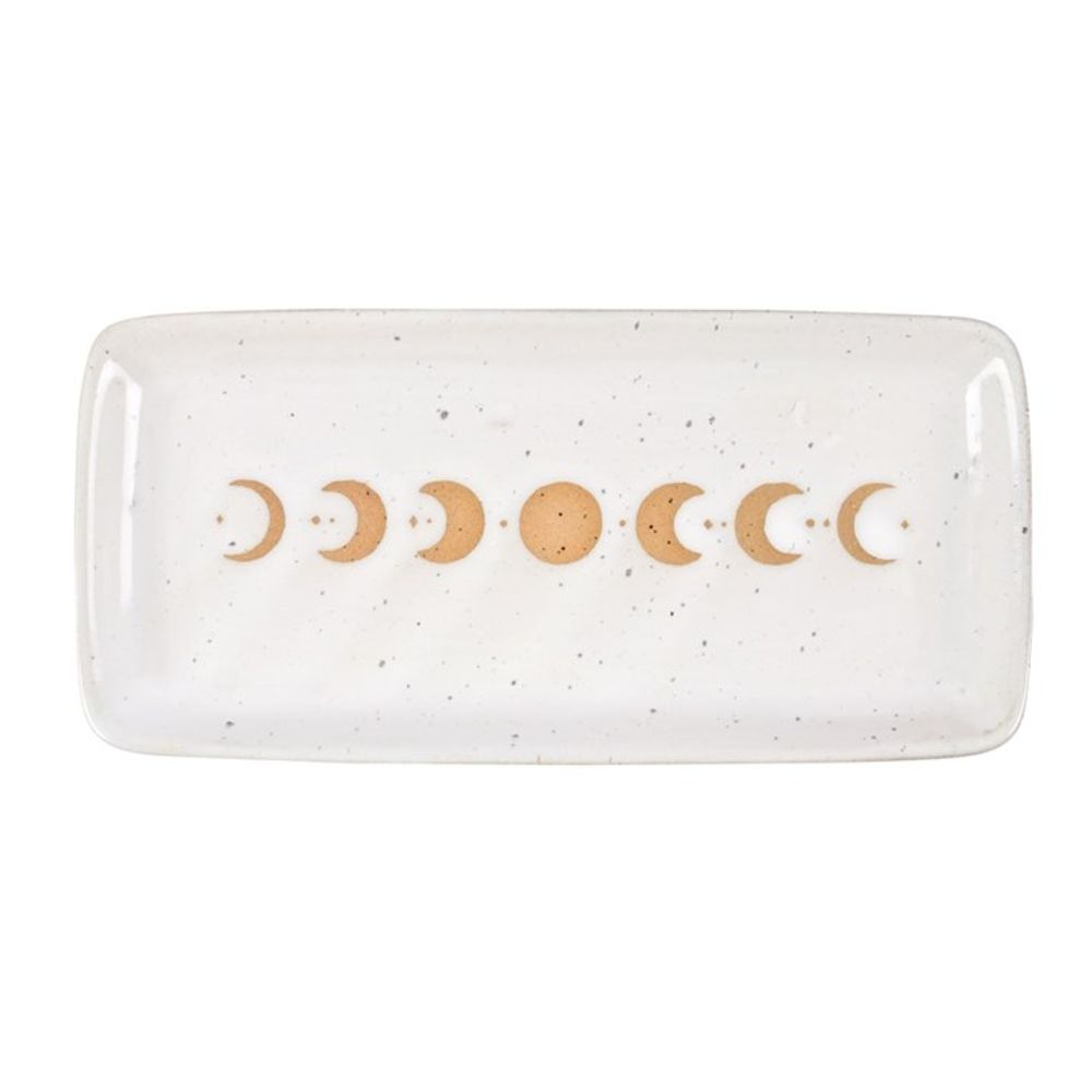 A rectangular white ceramic tray with a speckled finish showcases a stunning moon phase design, from waxing crescent to full moon to waning crescent, all in vibrant orange. Perfect for any home decor style, this piece functions beautifully as a stoneware trinket dish.
