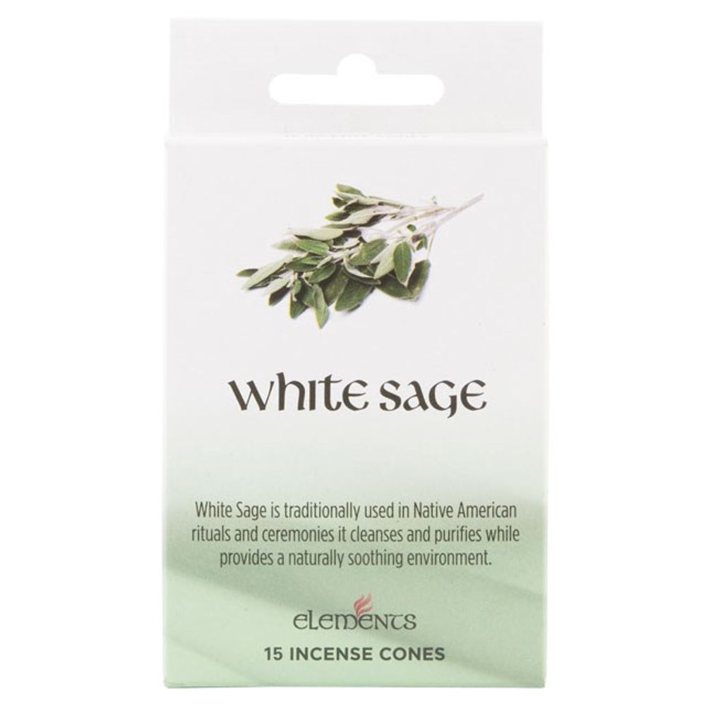 The white packaging of Elements brand incense cones features white sage leaves. The text highlights the role of White Sage in Native American cleansing rituals. It includes 15 incense cones and a metal cone holder for ease of use.