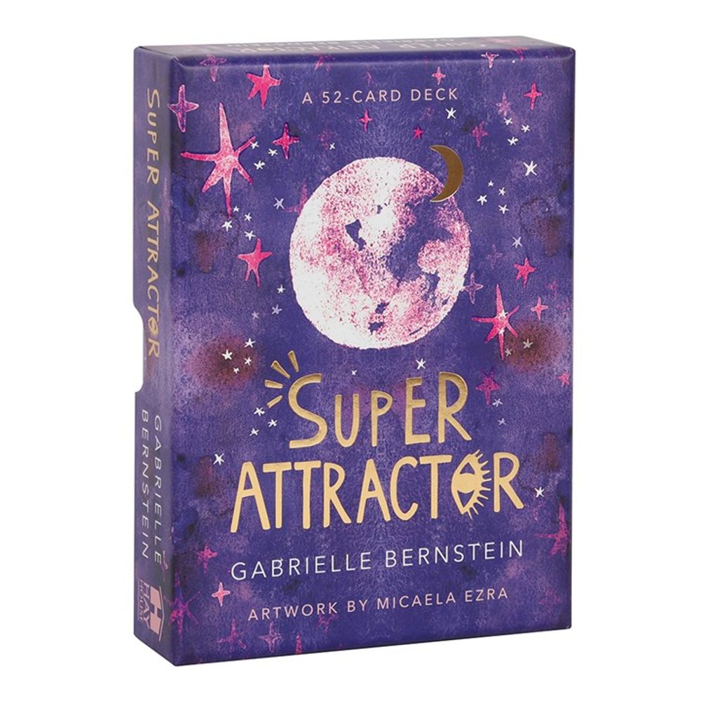 Purple box of the Super Attractor Oracle by Gabrielle Bernstein, a captivating deck of 52 cards. The cover features a pink and white moon, stars, and sparkles with Micaela Ezras artwork, inviting you into alignment with the universe and spiritual discovery.
