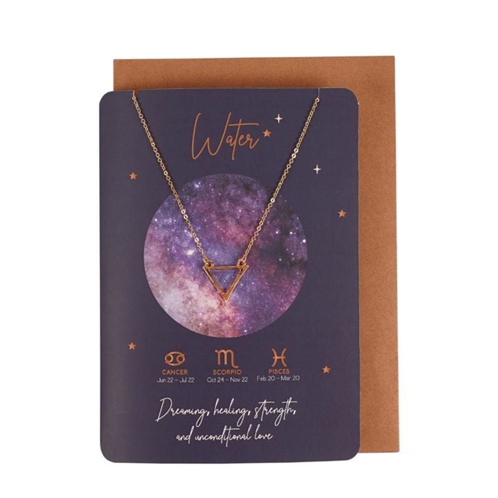A card featuring a zodiac jewellery piece—a gold triangle necklace set against a cosmic background. It showcases Cancer, Scorpio, and Pisces along with their dates. The text reads: Water, Dreaming, Healing, Strength, and Unconditional Love. Accompanied by a brown envelope.
