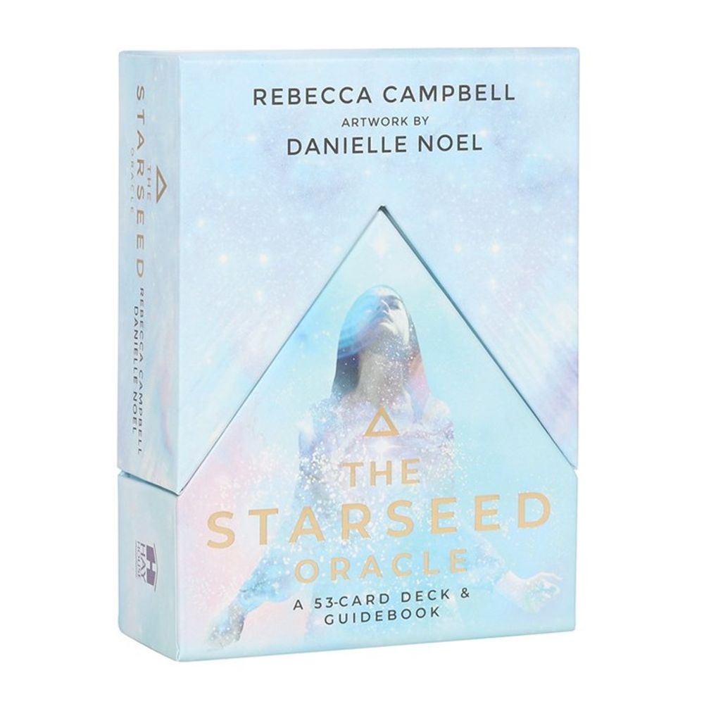 The image showcases The Starseed Oracle card deck by Rebecca Campbell, featuring mystical artwork by Danielle Noel. The blue box, suggesting cosmic origins, has a triangular cut-out revealing an ethereal figure. It includes a 53-card deck and guidebook.