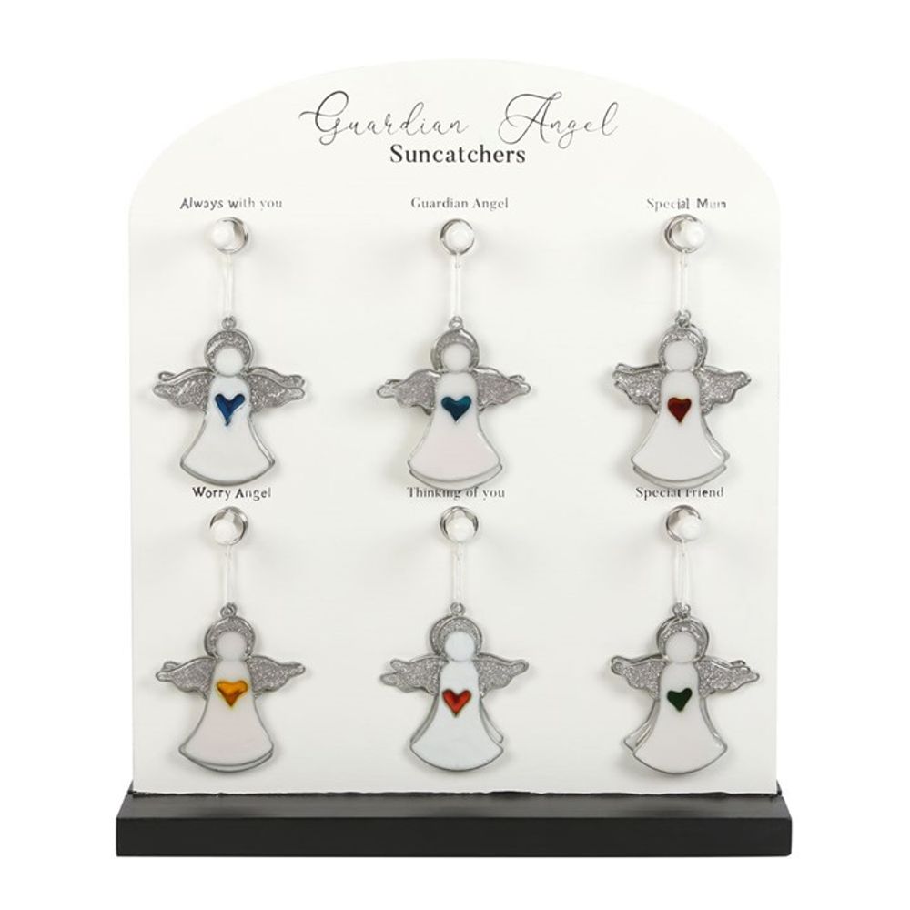 A display features six angel-shaped suncatchers with coloured hearts and meaningful designs, labelled: Always With You (blue), Guardian Angel (blue), Special Mum (red), Worry Angel (yellow), Thinking of You (blue), and Special Friend (green).