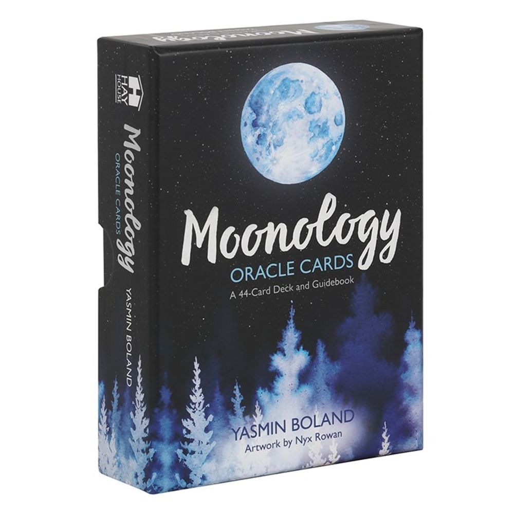 Box of Moonology Oracle Cards by Yasmin Boland with captivating artwork by Nyx Rowan. The cover showcases moon power, featuring a full moon illuminating a starry sky above silhouetted trees. Text includes A 44-Card Deck and Guidebook. The box displays the blue and black hues of a spiritual path.