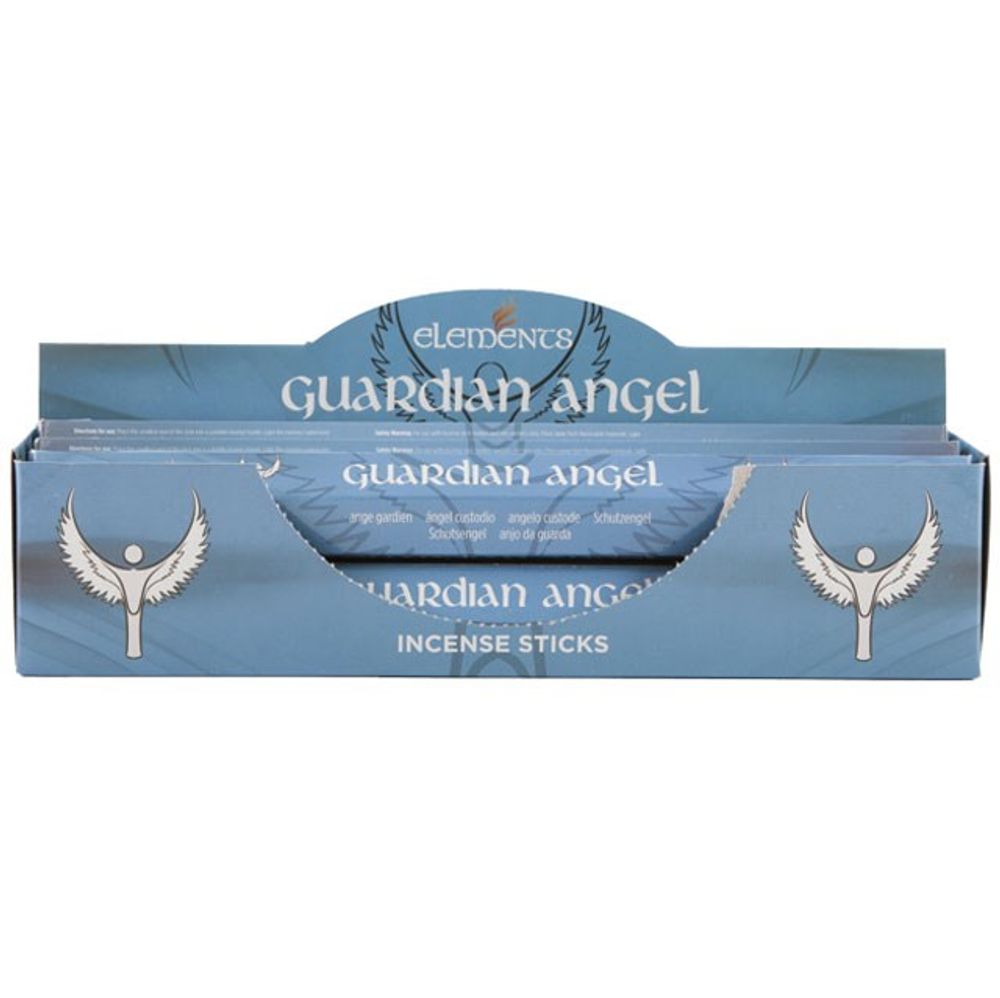 The blue box of Elements Guardian Angel incense sticks comes with a display holder. It features a stylised white figure with wings and prominently displays Guardian Angel Incense Sticks in white, offering a soothing Lavender fragrance to uplift your spirit.