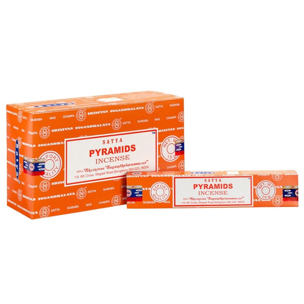 An orange box and a matching smaller box of Satya Pyramids incense, both with white and blue labels, hand-made by artisans, displayed against a white background.