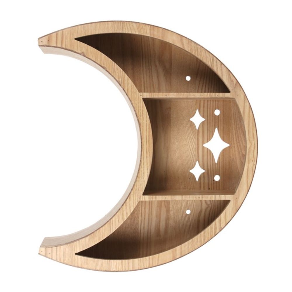 This whimsical home décor piece is a crescent moon wall shelf with two compartments featuring star and circle cut-outs. The light wood grain adds a rustic charm, perfectly blending functionality with enchanting design.
