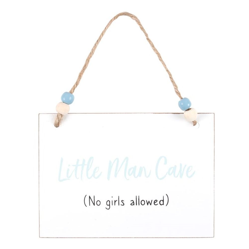 A white wooden sign with the inscription Little Man Cave in light blue text has the words (No girls allowed) in black underneath. It is suspended on a thin, braided rope adorned with blue and natural wood beads, making it an ideal token gift.