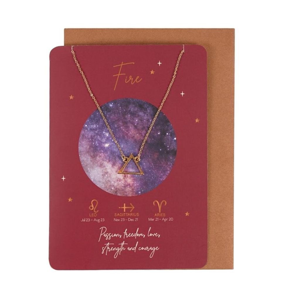 A gold fire signs jewellery pendant necklace rests on a red card featuring a galaxy circle, zodiac fire signs, dates, and the words: Passion, freedom, love, strength and courage. Brown envelope behind the card. Nickel-free stainless steel.