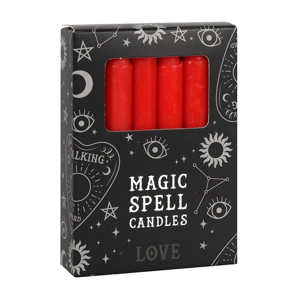 A black box labelled Magic Spell Candles with Love beneath it features five red spell candles visible through a clear window. Adorned with mystical symbols, including moons, stars, and a Ouija board design in white, its perfect for candle magic rituals.