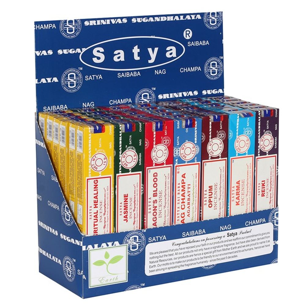 Display box with various Satya incense sticks in vibrant colours. Each pack features different scents, including Jasmine and the iconic Nag Champa. The open box reveals incense packs standing upright.